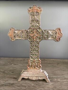 Decorative Metal Cross Accent - Distressed Green and Copper